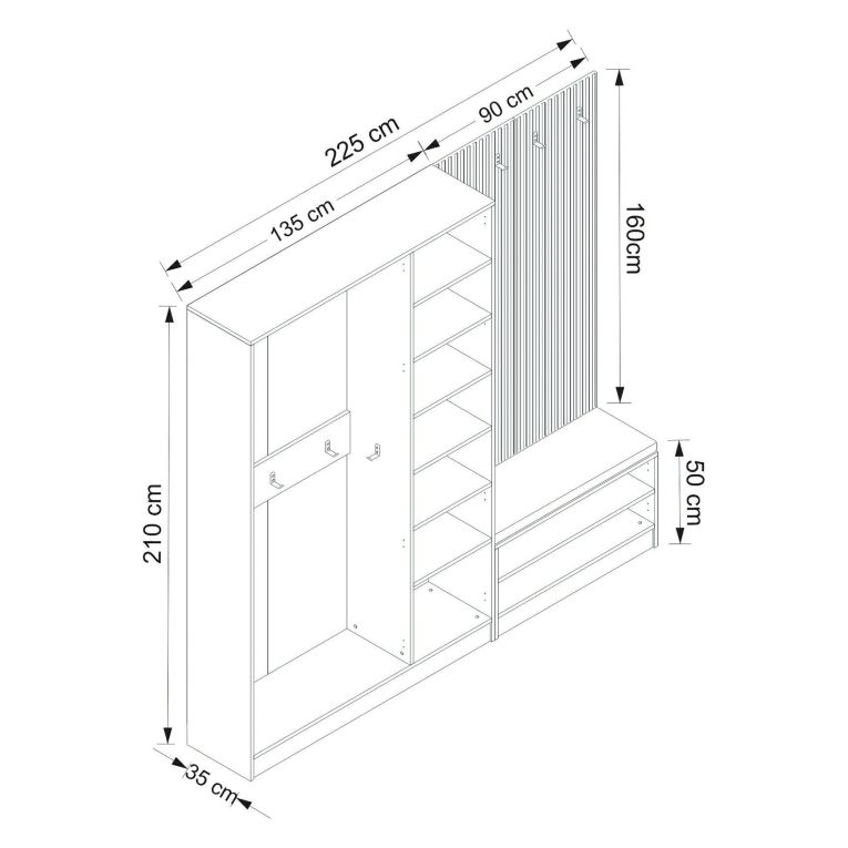 Mobile da Ingresso Bianco Marrone Rovere 7 Ripiani Appendiabiti 225x35x210h cm, 5 Ante - Tolfa