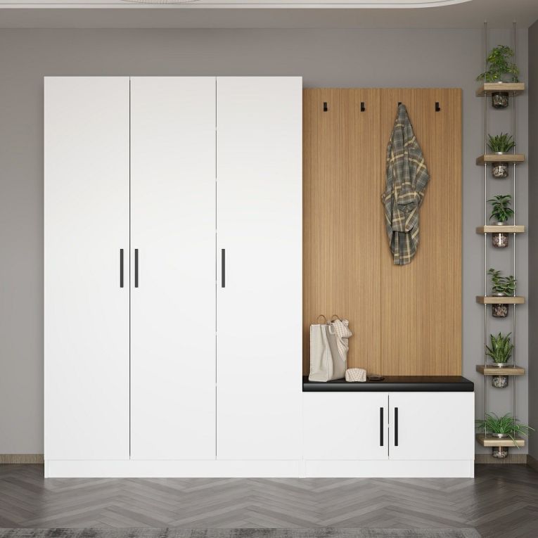 Mobile da Ingresso Bianco Marrone Rovere 7 Ripiani Appendiabiti 225x35x210h cm, 5 Ante - Tolfa
