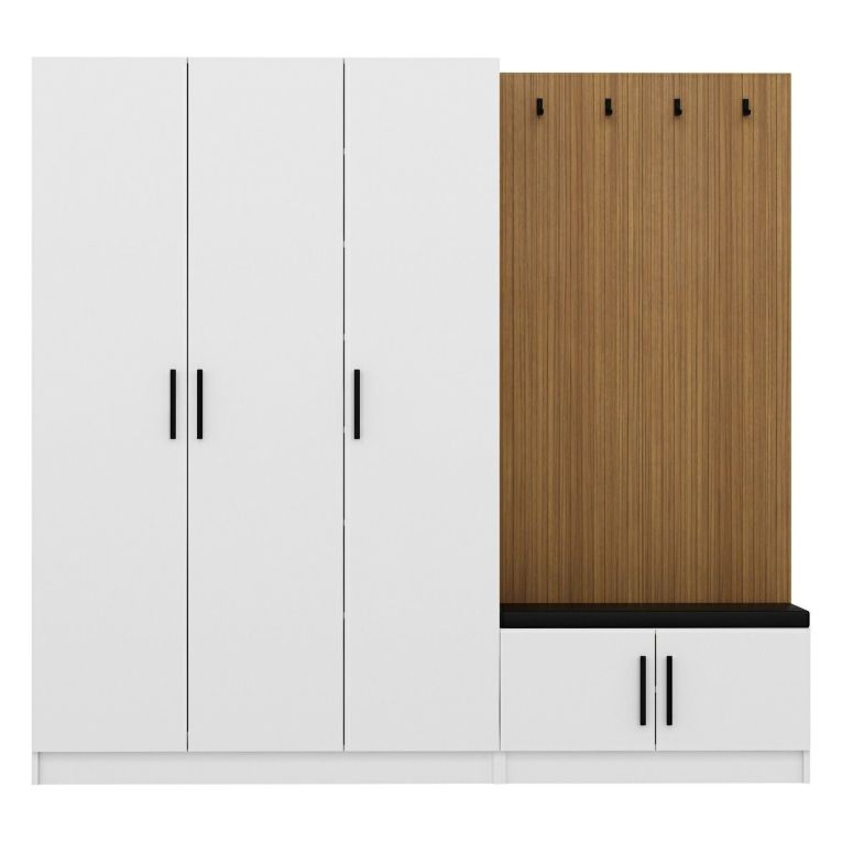 Mobile da Ingresso Bianco Marrone Rovere 7 Ripiani Appendiabiti 225x35x210h cm, 5 Ante - Tolfa