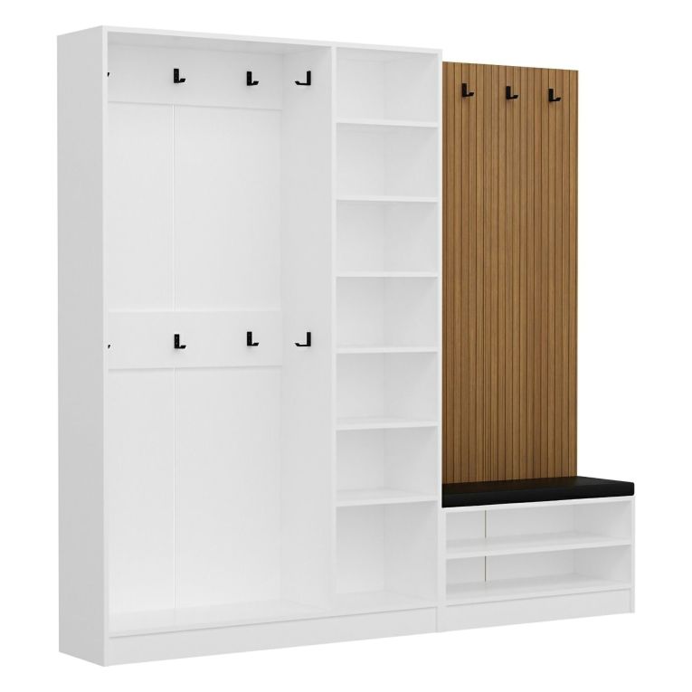 Mobile da Ingresso Bianco Marrone Rovere 7 Ripiani Appendiabiti 225x35x210h cm, 5 Ante - Tolfa