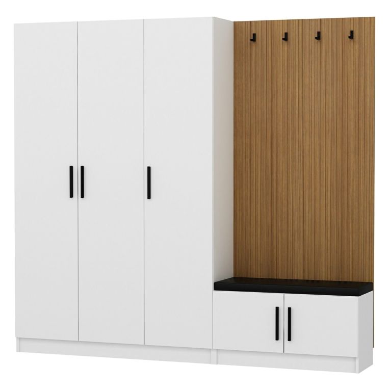 Mobile da Ingresso Bianco Marrone Rovere 7 Ripiani Appendiabiti 225x35x210h cm, 5 Ante - Tolfa