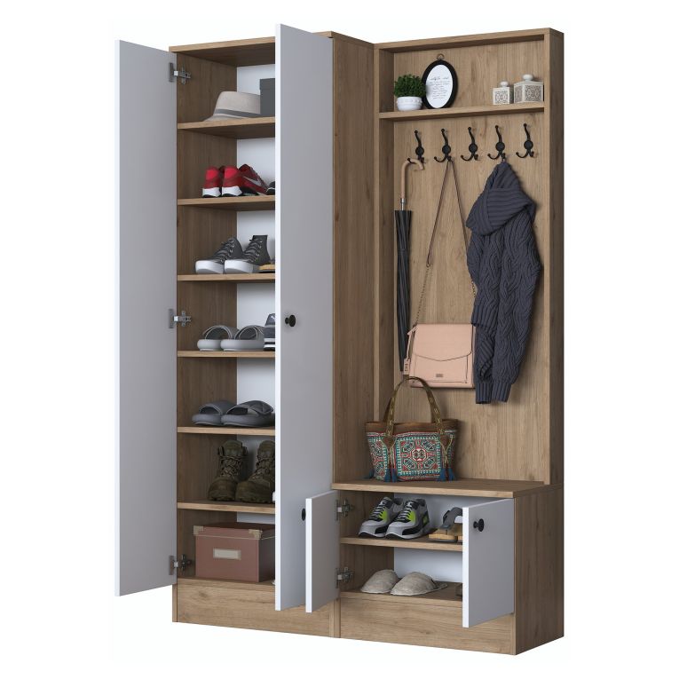Mobile da Ingresso Bianco Marrone Rovere 9 Ripiani Appendiabiti 120x38x183h cm, 4 Ante - Osilo
