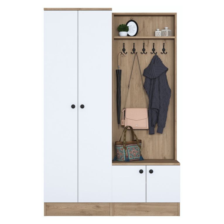 Mobile da Ingresso Bianco Marrone Rovere 9 Ripiani Appendiabiti 120x38x183h cm, 4 Ante - Osilo