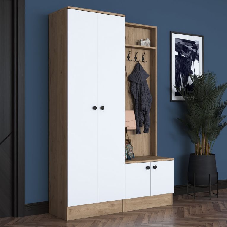 Mobile da Ingresso Bianco Marrone Rovere 9 Ripiani Appendiabiti 120x38x183h cm, 4 Ante - Osilo