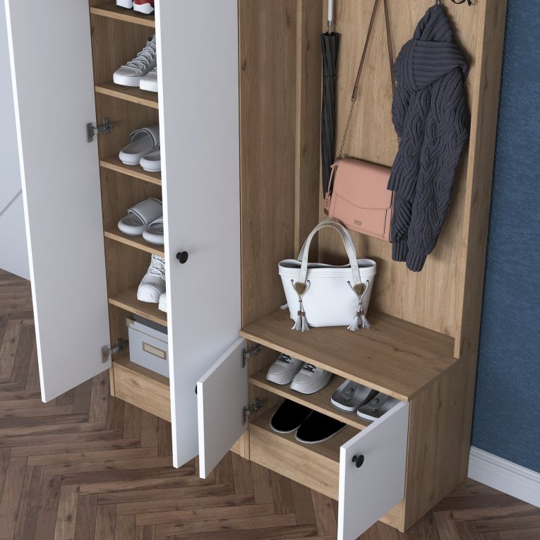 Mobile da Ingresso Bianco Marrone Rovere 9 Ripiani Appendiabiti 120x38x183h cm, 4 Ante - Osilo