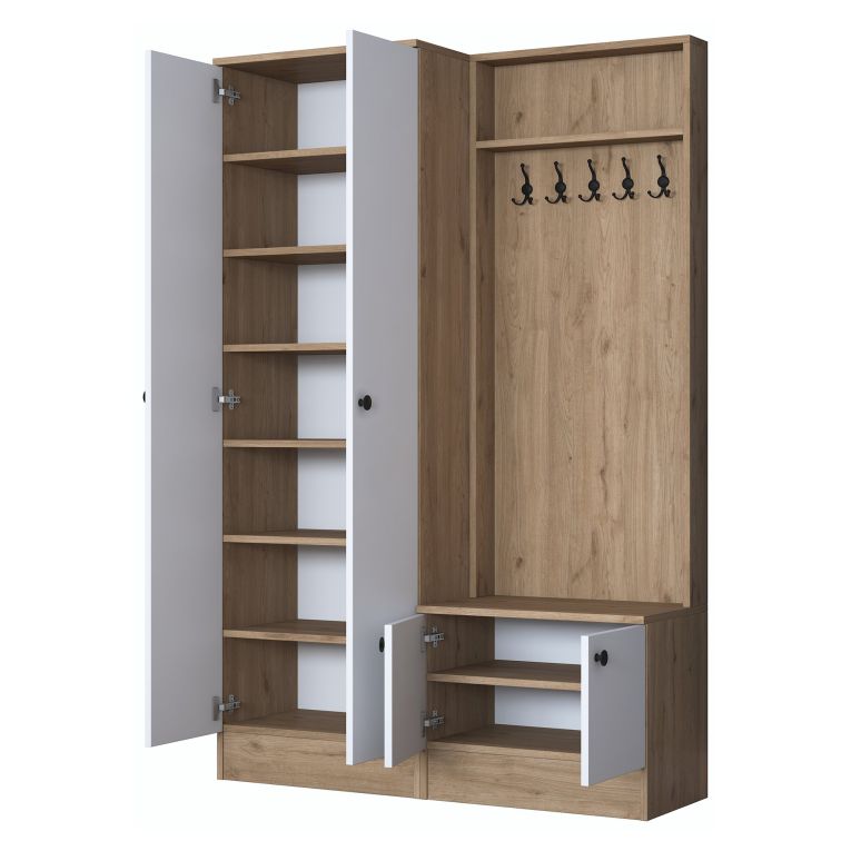 Mobile da Ingresso Bianco Marrone Rovere 9 Ripiani Appendiabiti 120x38x183h cm, 4 Ante - Osilo
