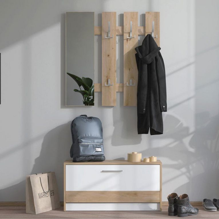 Mobile da Ingresso Bianco Marrone Rovere Nodi Specchio Incluso 3 Ripiani 91.5x28x202h cm, Appendiabiti - Viggiano