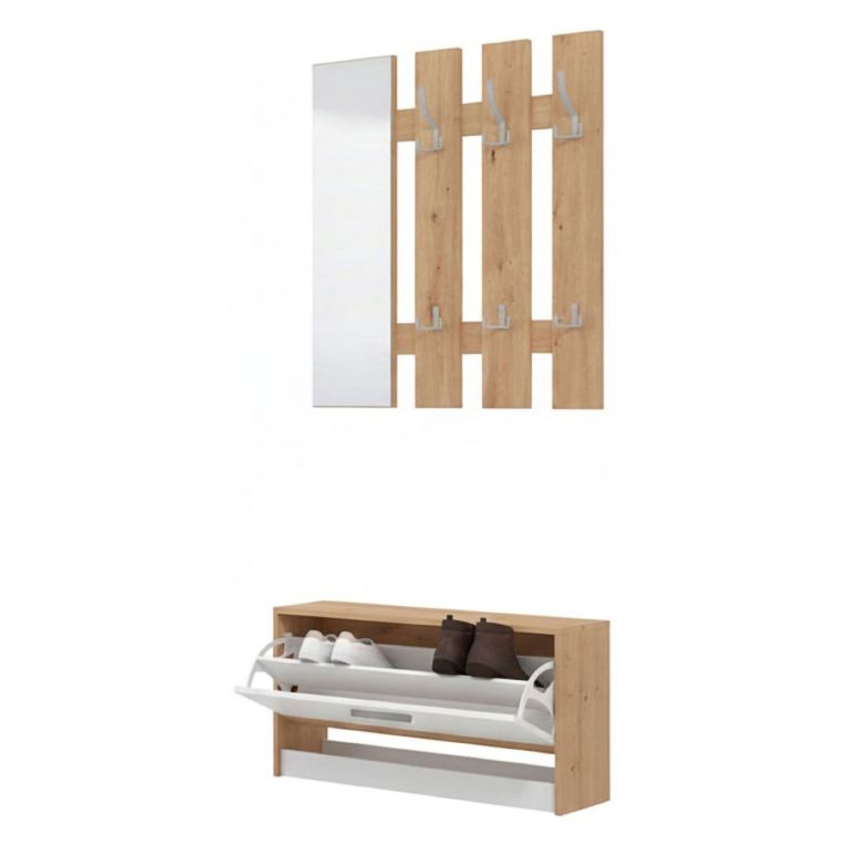 Mobile da Ingresso Bianco Marrone Rovere Nodi Specchio Incluso 3 Ripiani 91.5x28x202h cm, Appendiabiti - Viggiano