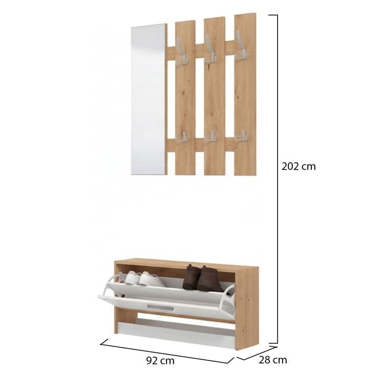 Mobile da Ingresso Bianco Marrone Rovere Nodi Specchio Incluso 3 Ripiani 91.5x28x202h cm, Appendiabiti - Viggiano