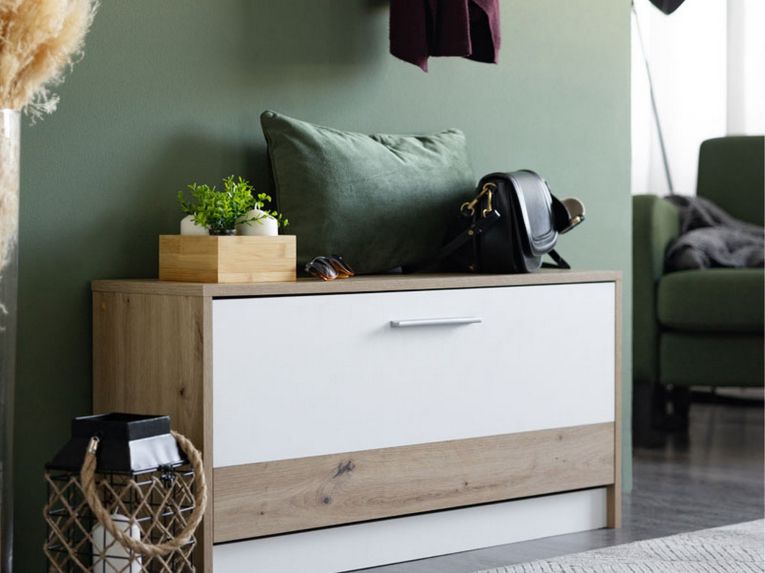 Mobile da Ingresso Bianco Marrone Rovere Nodi Specchio Incluso 3 Ripiani 91.5x28x202h cm, Appendiabiti - Viggiano