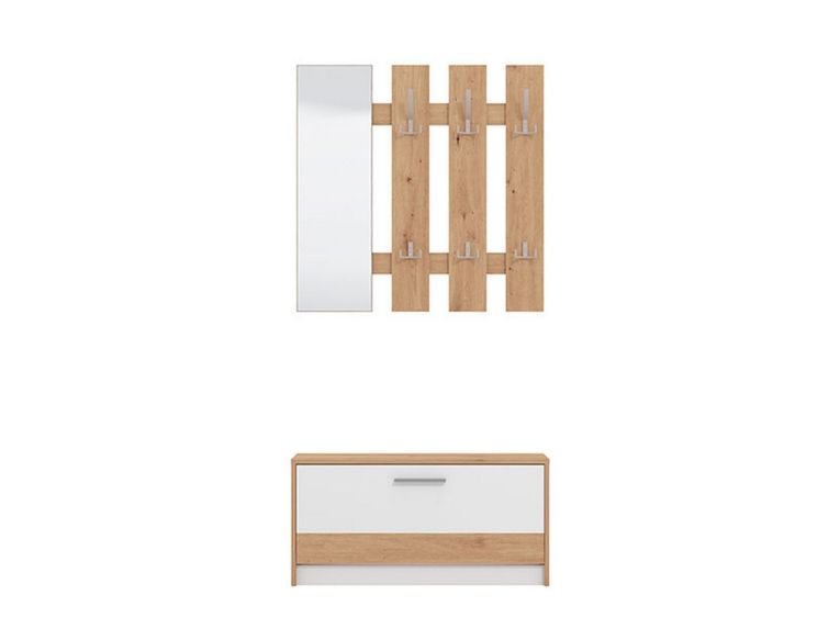 Mobile da Ingresso Bianco Marrone Rovere Nodi Specchio Incluso 3 Ripiani 91.5x28x202h cm, Appendiabiti - Viggiano