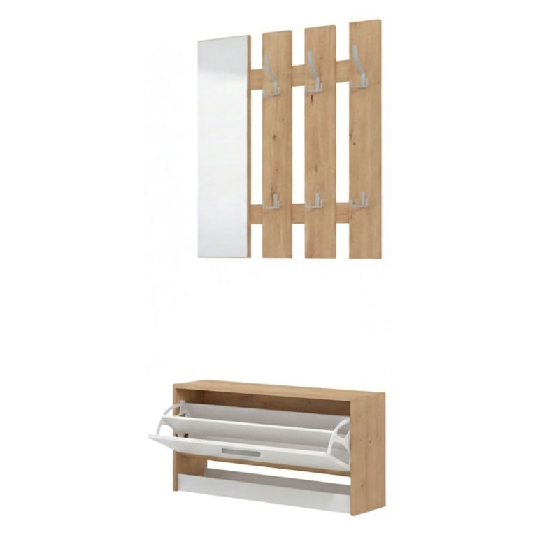 Mobile da Ingresso Bianco Marrone Rovere Nodi Specchio Incluso 3 Ripiani 91.5x28x202h cm, Appendiabiti - Viggiano