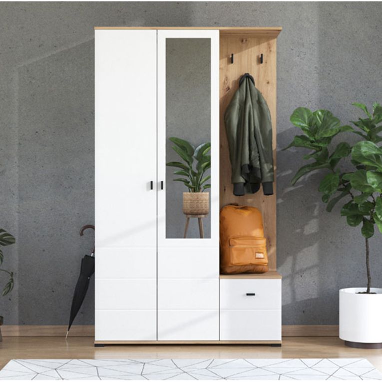 Mobile da Ingresso Bianco Marrone Rovere Nodi Specchio Incluso 4 Ripiani 116x35x197h cm, Appendiabiti - Raroto