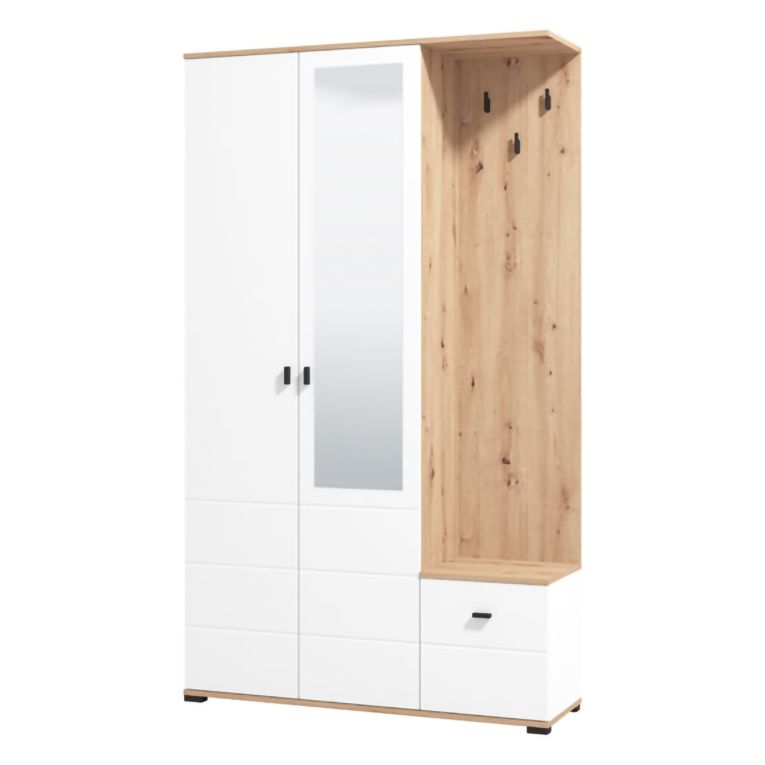 Mobile da Ingresso Bianco Marrone Rovere Nodi Specchio Incluso 4 Ripiani 116x35x197h cm, Appendiabiti - Raroto