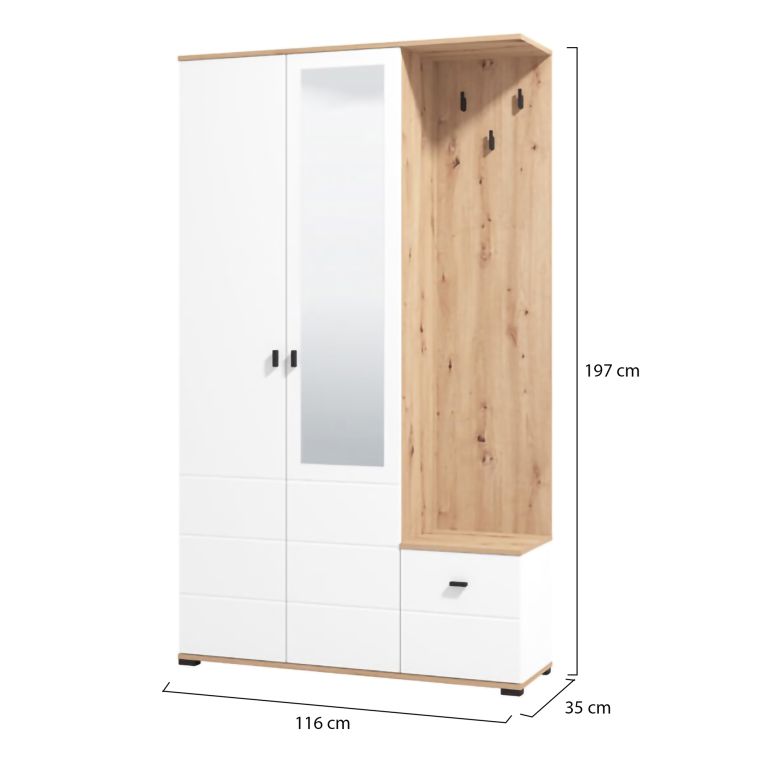Mobile da Ingresso Bianco Marrone Rovere Nodi Specchio Incluso 4 Ripiani 116x35x197h cm, Appendiabiti - Raroto
