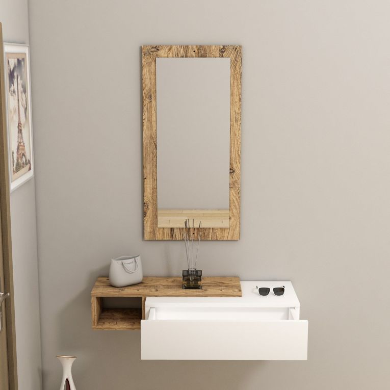 Mobile da Ingresso Bianco Marrone Rovere Nodi Specchio Incluso un Cassetto 82x30x16h cm, un Ripiano - Ingria