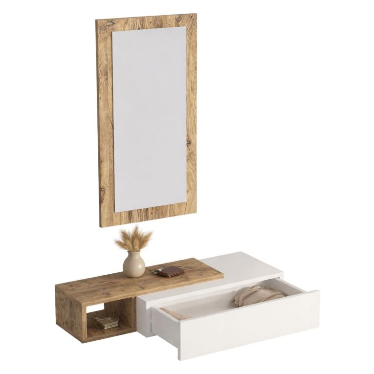 Mobile da Ingresso Bianco Marrone Rovere Nodi Specchio Incluso un Cassetto 82x30x16h cm, un Ripiano - Ingria