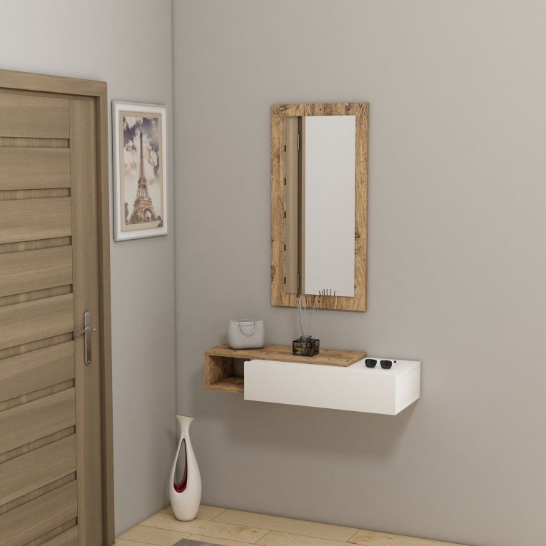Mobile da Ingresso Bianco Marrone Rovere Nodi Specchio Incluso un Cassetto 82x30x16h cm, un Ripiano - Ingria