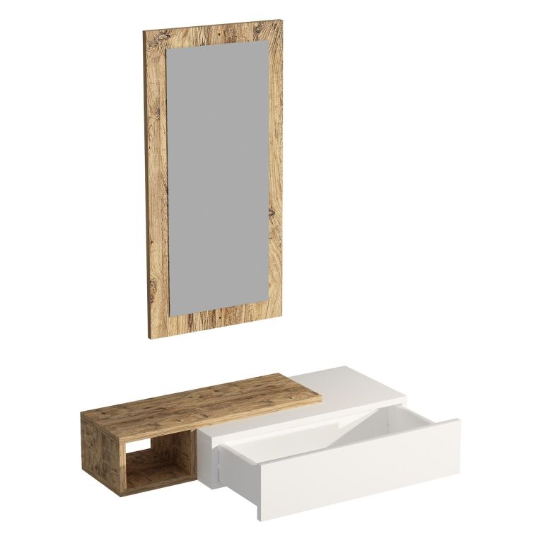 Mobile da Ingresso Bianco Marrone Rovere Nodi Specchio Incluso un Cassetto 82x30x16h cm, un Ripiano - Ingria