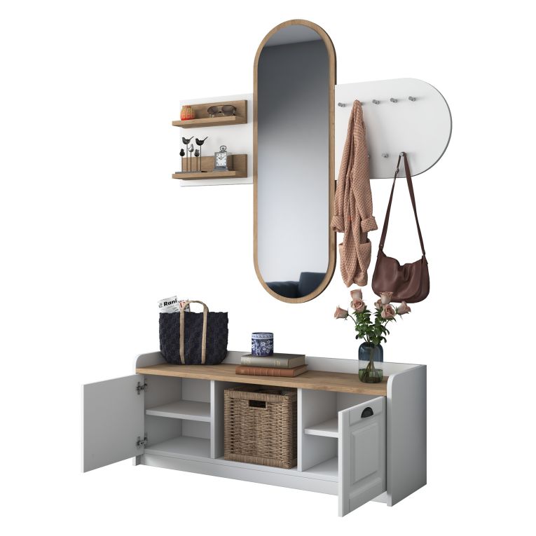 Mobile da Ingresso Bianco Marrone Rovere Specchio Incluso 5 Ripiani 120x40x45h cm, Appendiabiti - Crespino