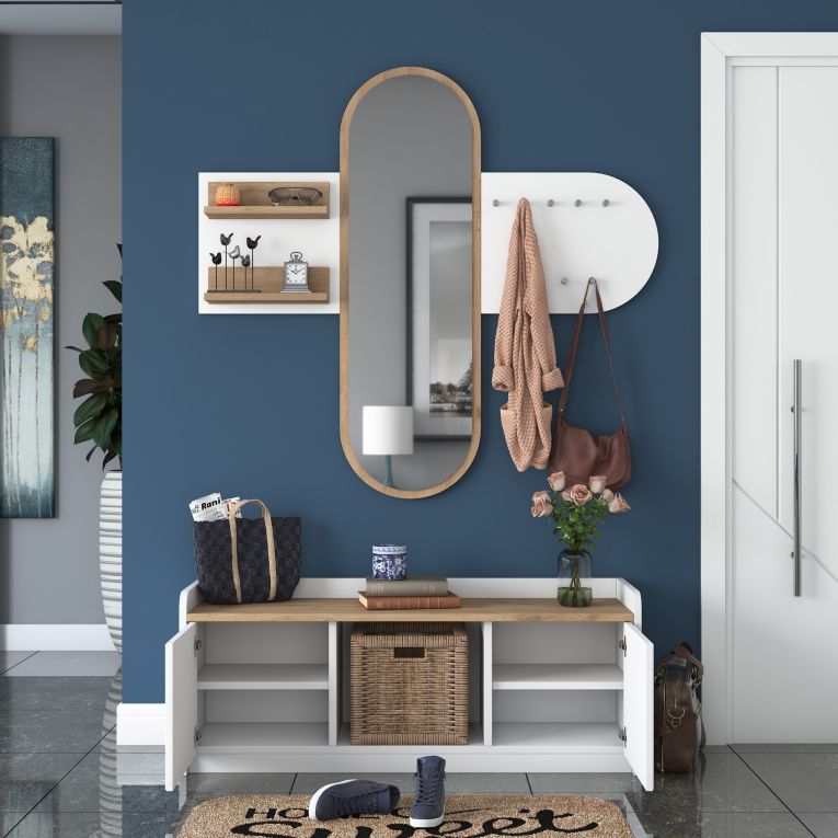 Mobile da Ingresso Bianco Marrone Rovere Specchio Incluso 5 Ripiani 120x40x45h cm, Appendiabiti - Crespino