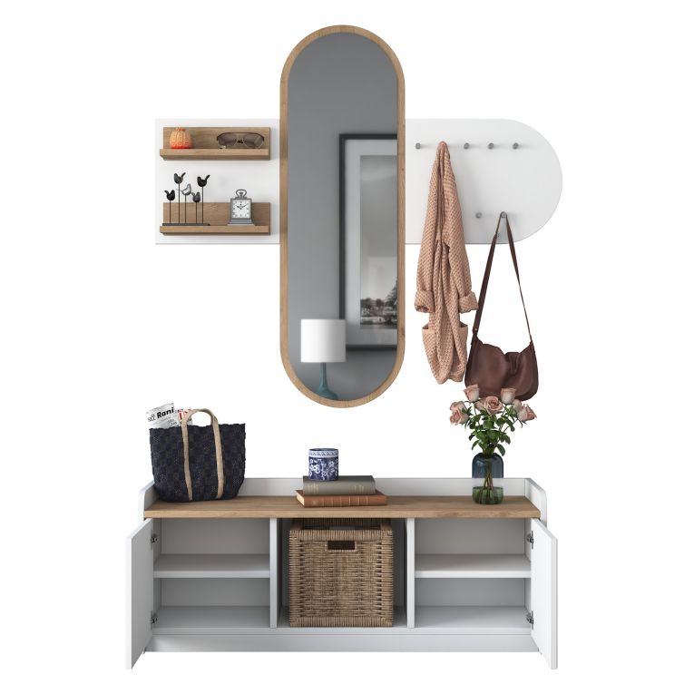 Mobile da Ingresso Bianco Marrone Rovere Specchio Incluso 5 Ripiani 120x40x45h cm, Appendiabiti - Crespino