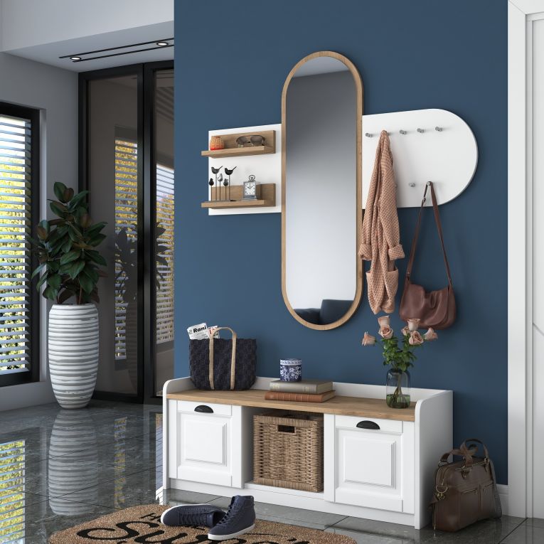Mobile da Ingresso Bianco Marrone Rovere Specchio Incluso 5 Ripiani 120x40x45h cm, Appendiabiti - Crespino