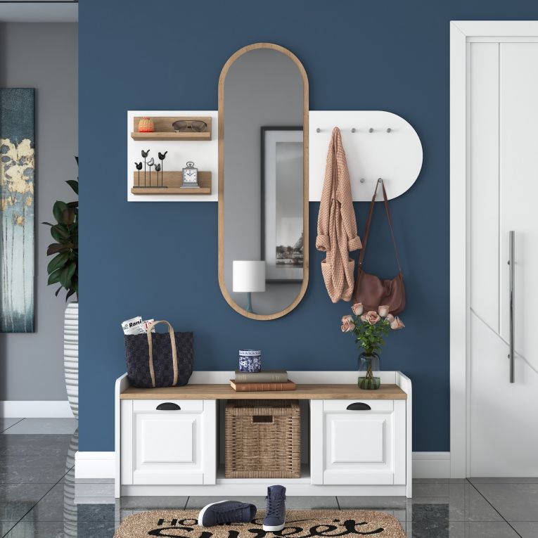 Mobile da Ingresso Bianco Marrone Rovere Specchio Incluso 5 Ripiani 120x40x45h cm, Appendiabiti - Crespino