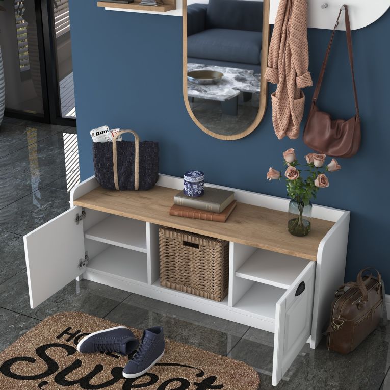 Mobile da Ingresso Bianco Marrone Rovere Specchio Incluso 5 Ripiani 120x40x45h cm, Appendiabiti - Crespino