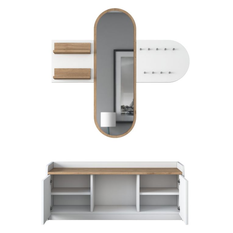 Mobile da Ingresso Bianco Marrone Rovere Specchio Incluso 5 Ripiani 120x40x45h cm, Appendiabiti - Crespino