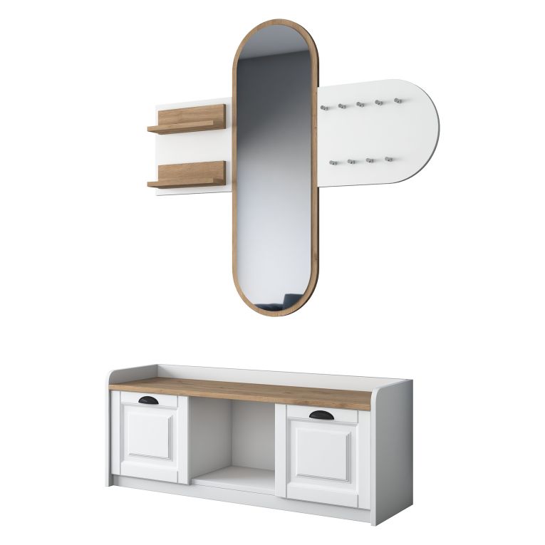 Mobile da Ingresso Bianco Marrone Rovere Specchio Incluso 5 Ripiani 120x40x45h cm, Appendiabiti - Crespino