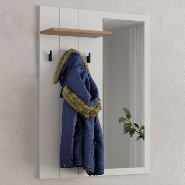 Mobile da Ingresso Bianco Marrone Rovere Specchio Incluso un Ripiano 77x20x102h cm, Appendiabiti - Kaikou