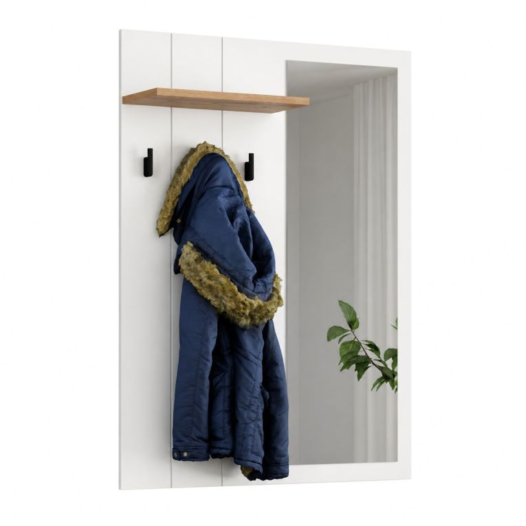 Mobile da Ingresso Bianco Marrone Rovere Specchio Incluso un Ripiano 77x20x102h cm, Appendiabiti - Kaikou