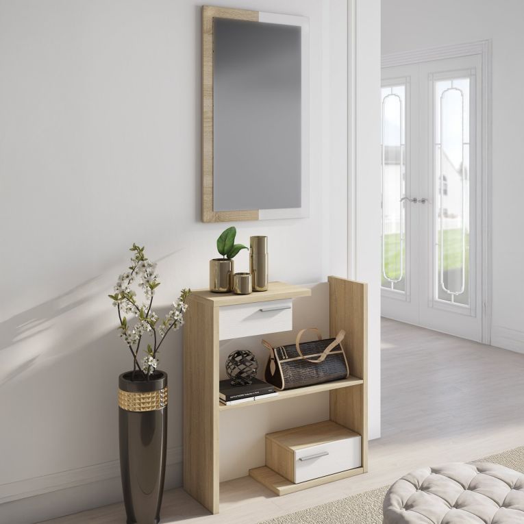 Mobile da Ingresso Bianco Marrone Rovere Specchio Incluso un Ripiano 83x29x190h cm, 2 Cassetti - Legionari