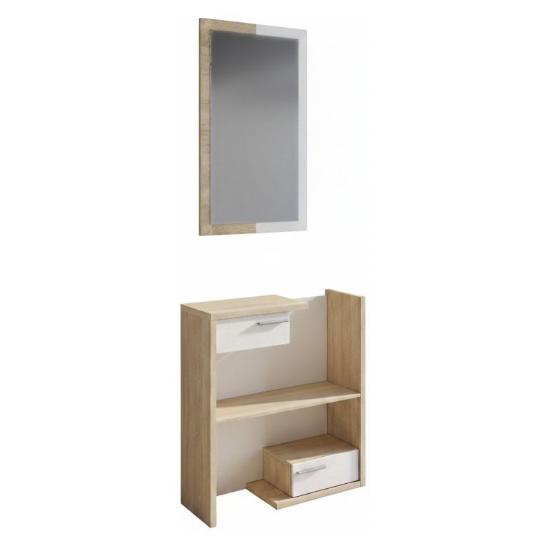 Mobile da Ingresso Bianco Marrone Rovere Specchio Incluso un Ripiano 83x29x190h cm, 2 Cassetti - Legionari