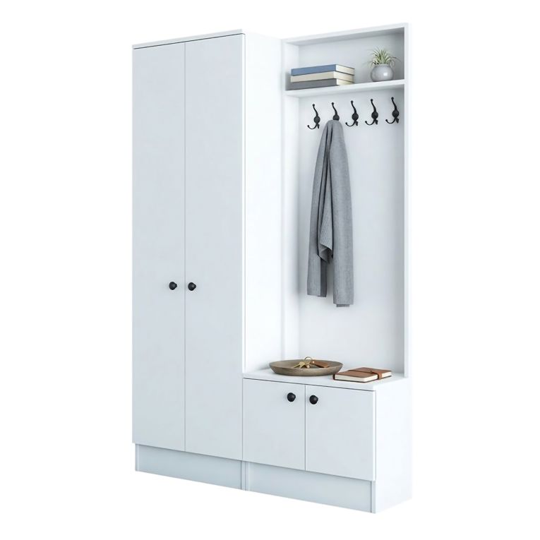 Mobile da Ingresso Bianco Nero 3 Ripiani Appendiabiti 120x37x183h cm, 4 Ante - Grue