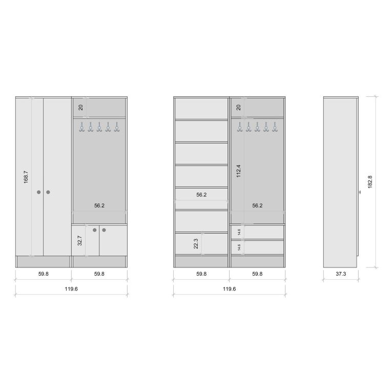 Mobile da Ingresso Bianco Nero 3 Ripiani Appendiabiti 120x37x183h cm, 4 Ante - Grue
