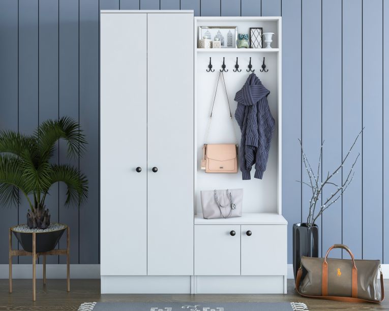 Mobile da Ingresso Bianco Nero 3 Ripiani Appendiabiti 120x37x183h cm, 4 Ante - Grue