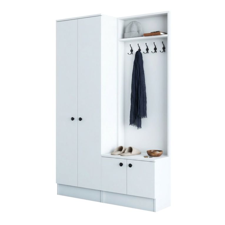Mobile da Ingresso Bianco Nero 5 Ripiani Appendiabiti 120x37x183h cm, 4 Ante - Grue