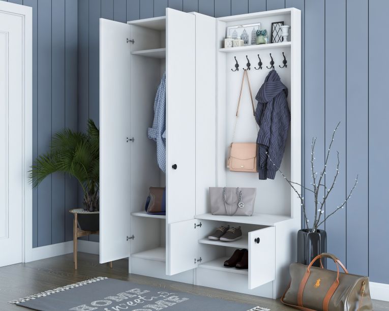 Mobile da Ingresso Bianco Nero 5 Ripiani Appendiabiti 120x37x183h cm, 4 Ante - Grue