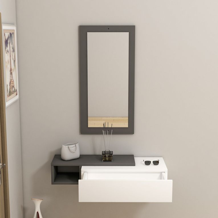 Mobile da Ingresso Bianco Nero Antracite Specchio Incluso un Cassetto 82x30x16h cm, un Ripiano - Ingria