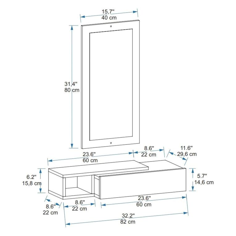 Mobile da Ingresso Bianco Nero Antracite Specchio Incluso un Cassetto 82x30x16h cm, un Ripiano - Ingria