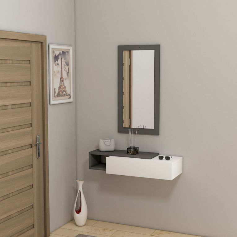Mobile da Ingresso Bianco Nero Antracite Specchio Incluso un Cassetto 82x30x16h cm, un Ripiano - Ingria
