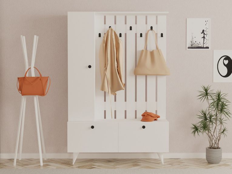 Mobile da Ingresso Bianco Nero Appendiabiti 6 Ripiani 112x35x170h cm, Apertura a Ribalta - Aiello