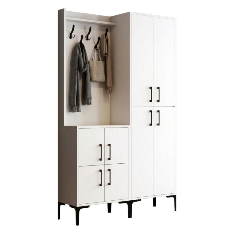 Mobile da Ingresso Bianco Nero Appendiabiti 7 Ripiani 120x35x200h cm, Apertura Battente - Fondra