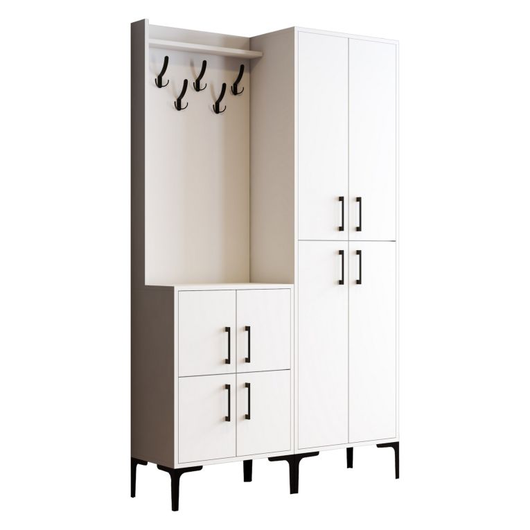 Mobile da Ingresso Bianco Nero Appendiabiti 7 Ripiani 120x35x200h cm, Apertura Battente - Fondra