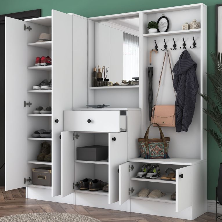 Mobile da Ingresso Bianco Nero Specchio Incluso Appendiabiti 179x37x183h cm, 11 Ripiani - Manzano