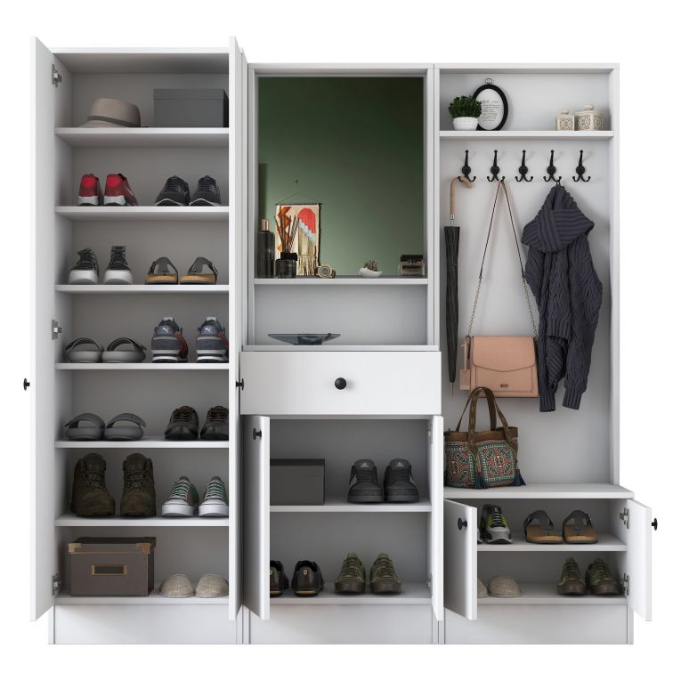 Mobile da Ingresso Bianco Nero Specchio Incluso Appendiabiti 179x37x183h cm, 11 Ripiani - Manzano