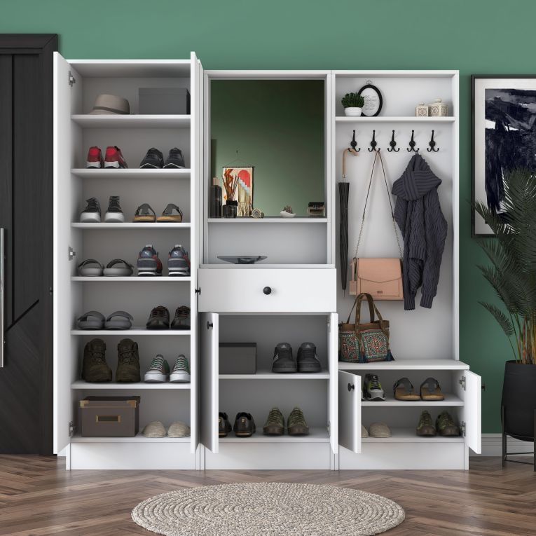 Mobile da Ingresso Bianco Nero Specchio Incluso Appendiabiti 179x37x183h cm, 11 Ripiani - Manzano