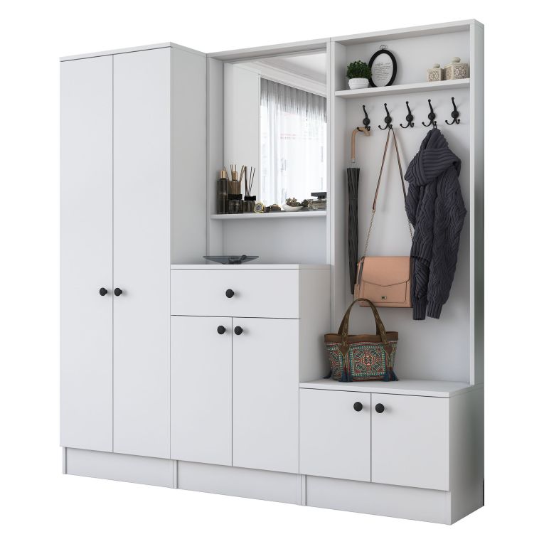 Mobile da Ingresso Bianco Nero Specchio Incluso Appendiabiti 179x37x183h cm, 11 Ripiani - Manzano